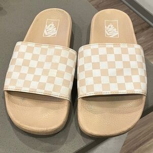 Vans Beige and White Checkered Slides